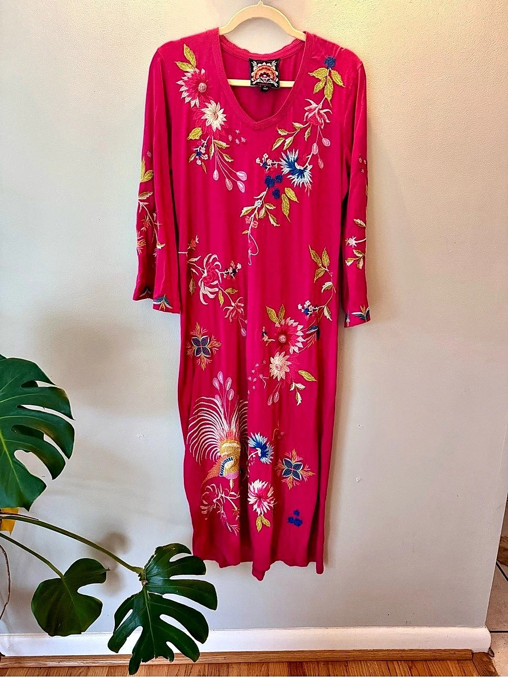 Johnny Was Julie Kimono Sleeve Dress Floral Cotton Midi Dress in Pink Size Small